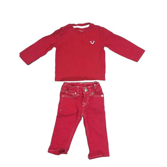 True Religion Baby Outfit 12M Red Long Sleeve Tee & Jeans Set Designer Infant - Picture 1 of 9